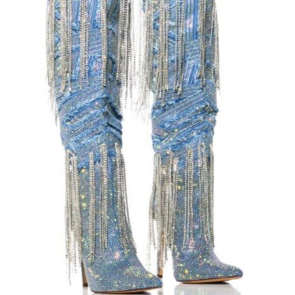 AZALEA WANG " DRIPPING DRAMA "  DENIM EMBELLISHED BOOT( BRAND NEW!!!!!!!… - Picture 1 of 8
